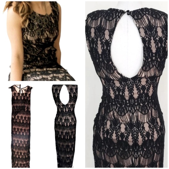 Rachael & Chloe BEAUTIFUL Black Lace & Beige Lining Bodycon NIGHT OUT Dress SZ M - Picture 1 of 12
